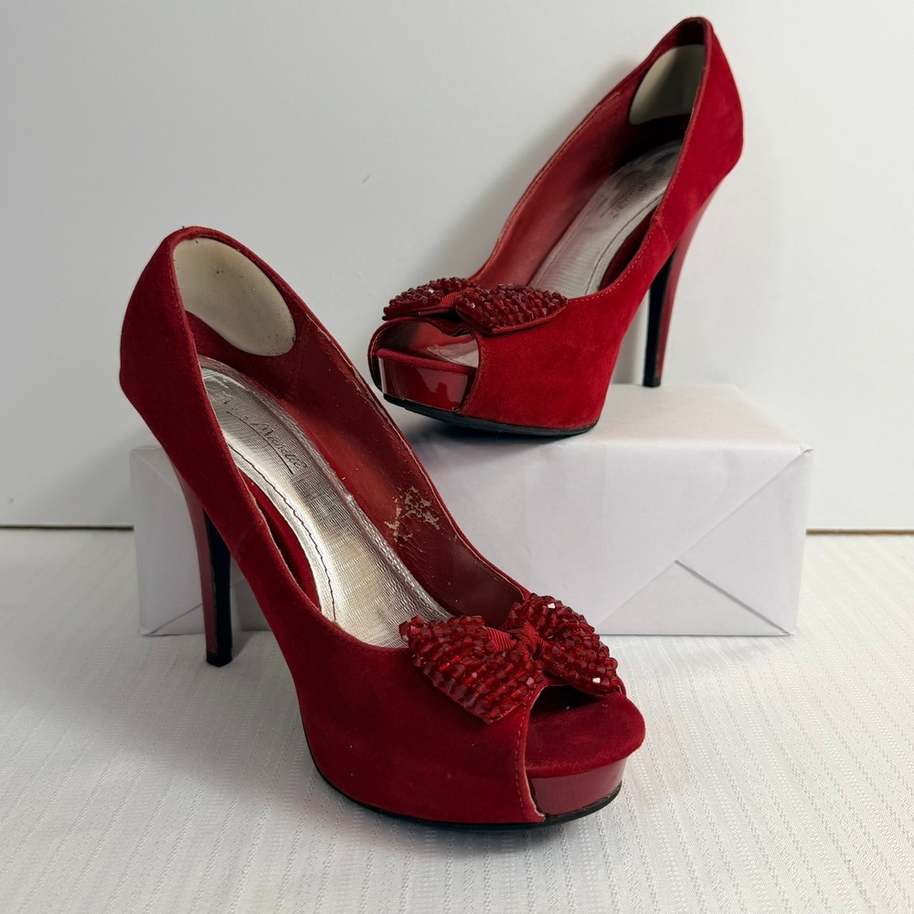 Anne Michelle Women Red Platform Pumps Size 9 Beaded Bow Stiletto Peep Toe Heels
